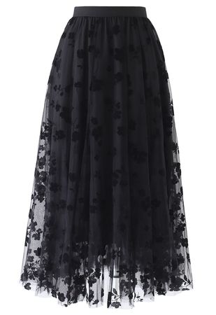 3D Posy Double-Layered Mesh Midi Skirt in Black - Retro, Indie and Unique Fashion