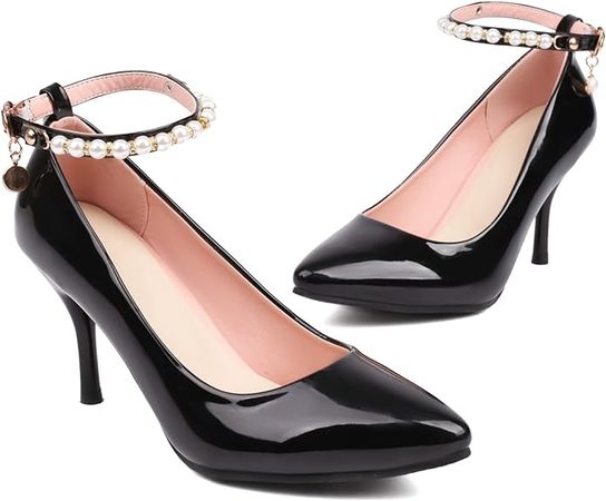 Amazon.com | SoundSky Womens Ankle Strap Stiletto Pumps Patent Leather High Heels Closed Pointed Toe Dress Shoes | Shoes
