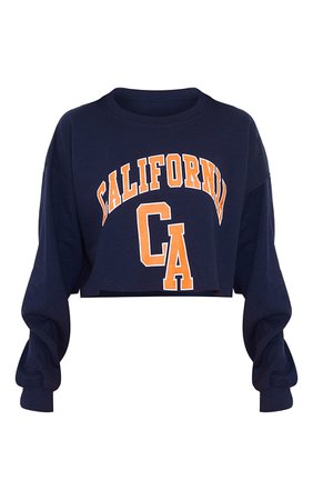 Navy California Contrast Print Crop Sweatshirt | PrettyLittleThing USA