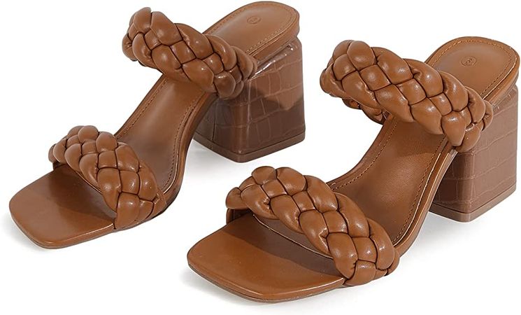Amazon.com | Mskilder Womens Braided Heeled Sandals Square Toe Backless Slip On Block Heels Summer Dress Slides Sandal Shoes | Heeled Sandals