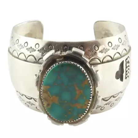 Native American Sterling Silver Raised Turquoise Cuff Bracelet by EM For Sale at 1stDibs | sterling turquoise cuff bracelet, native american turquoise cuff bracelet, native american sterling silver cuff bracelet