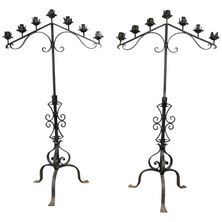 Pair of Antique Gothic Mission Arts and Crafts Wrought Iron Candelabras Church For Sale at 1stdibs