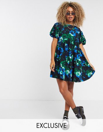 COLLUSION textured smock dress with curved asymmetric seam in floral print | ASOS