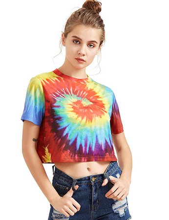 SheIn Women's Tie Dye Print Round Neck Short Sleeve Crop T-Shirt Top XX-Large Multicolor at Amazon Women’s Clothing store