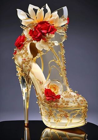Gold & Red Glass Flowered Heeled Stilettos
