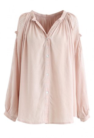 Button Down Embroidered Loose Shirt in Peach - NEW ARRIVALS - Retro, Indie and Unique Fashion