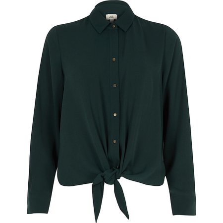 Dark green tie front shirt - Shirts - Tops - women