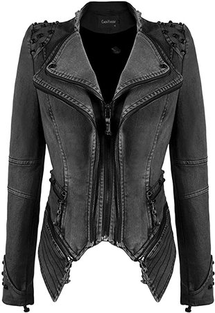 chouyatou Women's Fashion Studded Perfectly Shaping Faux Leather Biker Jacket (X-Large, Denim-Green) at Amazon Women's Coats Shop
