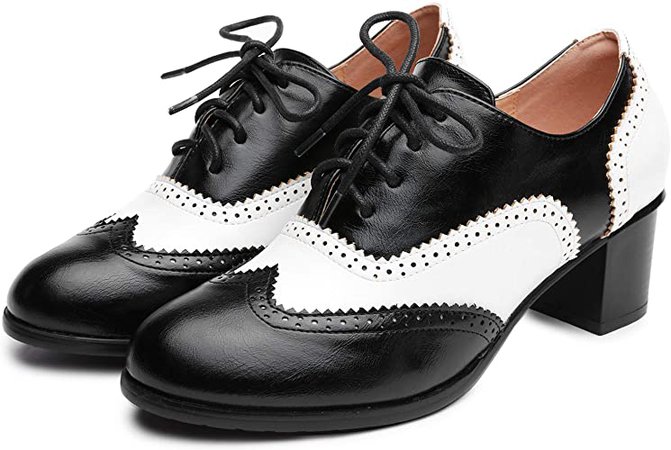 Amazon.com | Odema Womens pu Leather Oxfords Brogue Wingtip Lace Up Dress Shoes High Heels Pumps Oxfords Black | Oxfords