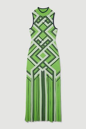 Sliced Hem Placement Stripe Knit Jacquard Maxi Dress | Karen Millen