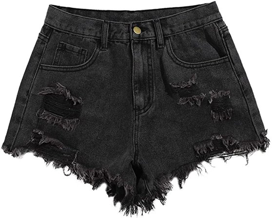 WDIRARA Women's High Waisted Raw Hem Distressed Ripped Casual Denim Shorts Black XL at Amazon Women’s Clothing store