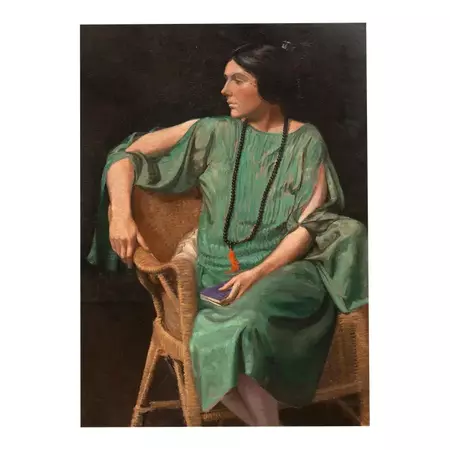 'Woman in a Jade Dress', Early 20th Century American School, Roaring Twenties, Flapper, Large Oil | Chairish