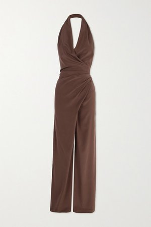 Nadjwa Draped Silk Crepe De Chine Halterneck Jumpsuit - Dark brown