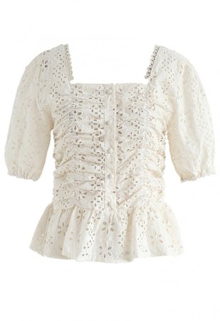 Square Neck Eyelet Buttoned Top in Cream - NEW ARRIVALS - Retro, Indie and Unique Fashion