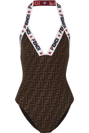 Fendi | Intarsia-trimmed printed swimsuit | NET-A-PORTER.COM