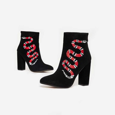 Kassia Red Snake Ankle Boot In Black Faux Suede