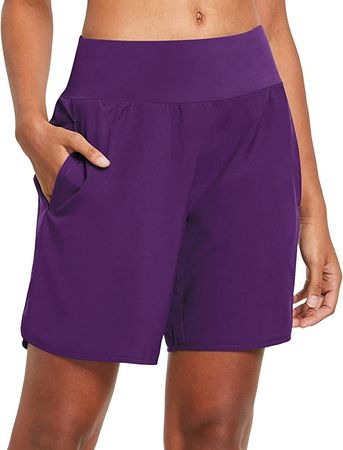 Amazon.com: BALEAF Women's 7 Inches Long Running Shorts Back Zipper Pocketed Lounge Athletic Active Exercise Shorts with Liner Purple Size M : Clothing, Shoes & Jewelry