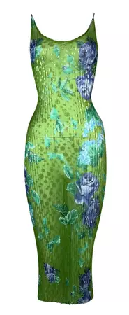 F/W 2000 Dolce and Gabbana Sheer Green Floral Pleated Bodycon Dress For Sale at 1stDibs