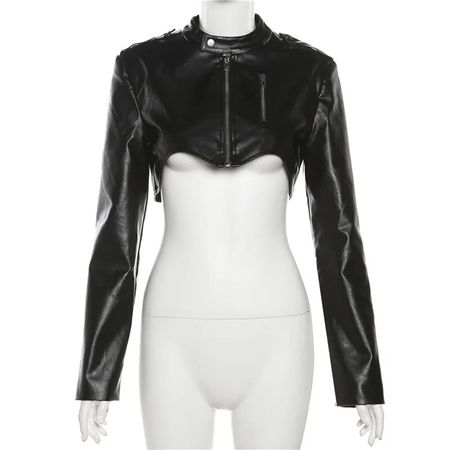 Ritsleting Cyber Gotik gelap Y2k jaket Crop Grunge gaya Punk mantel kulit imitasi mode wanita Streetwear mantel Hem tidak teratur - AliExpress
