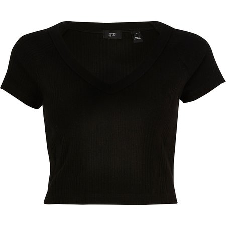 Black ribbed V neck crop T-shirt - T-Shirts - Tops - women