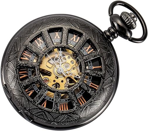 Amazon.com: SIBOSUN Skeleton Pocket Watch Special 12 Little Window Case Design Men Black Mechanical with Chain Box : Clothing, Shoes & Jewelry