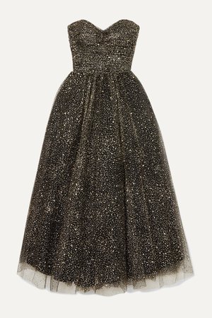 Black Brie strapless ruched glittered tulle gown | Monique Lhuillier | NET-A-PORTER