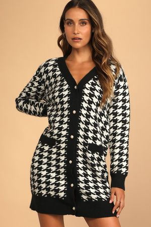 Black Houndstooth Dress - Sweater Dress - Long Sleeve Mini Dress - Lulus