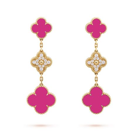 Van Cleef & Arpels Magic Alhambra earrings, 3 motifs Yellow gold, Diamond, Pink ceramics - Coral Jewelry