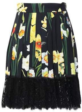 Lace-trimmed Pleated Printed Crepe Mini Skirt