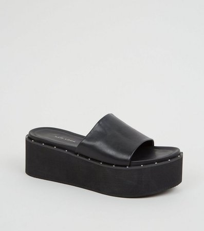 Black Leather-Look Studded Flatform Sliders | New Look