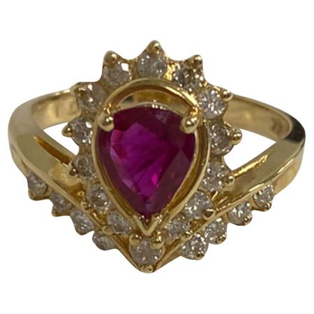 Suzy Levian 14K Yellow Gold Pear-Cut Ruby and White Diamond Vintage Look Ring For Sale at 1stDibs