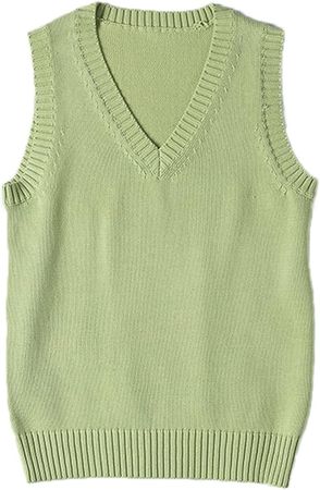 Blostirno Women’s Sweater Vest V Neck JK Uniform Kint Vests Solid Classic Sleeveless Pullover Sweaters Tops(Light Green S) at Amazon Women’s Clothing store