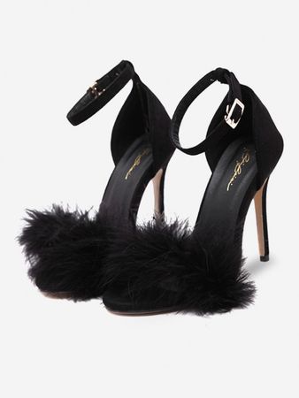Feather Embellished Open Toe Ankle Strap Sandals In BLACK | ZAFUL 2023