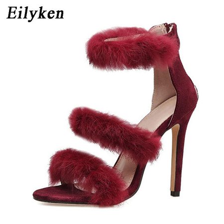 Eilyken 2018 Women Sandals High Heel Stilettos Summer Fur Feather Hairy Sandals Pumps