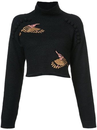 Bird Embroidered Cropped Sweater
