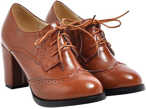 Amazon.com | Dear Time Block Heels Wingtip Oxfords Vintage PU Leather Brogue Shoes Woman US 9 Yellow | Oxfords