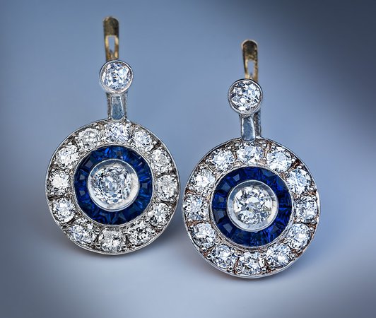 Original Art Deco Diamond Calibre Cut Sapphire Earrings - Antique Jewelry | Vintage Rings | Faberge Eggs