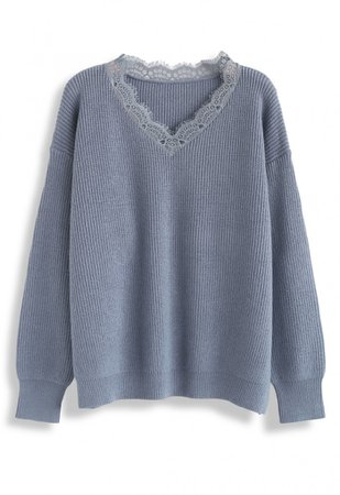 Lacy Neck Ribbed Knit Sweater in Dusty Blue - NEW ARRIVALS - Retro, Indie and Unique Fashion