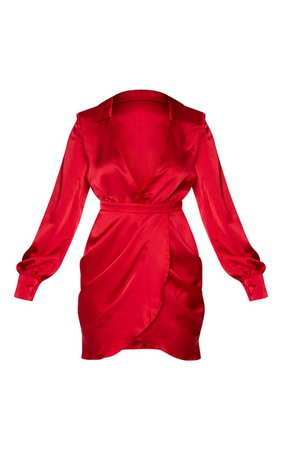Red Satin Plunge Neck Shoulder Pad Wrap Dress | PrettyLittleThing USA