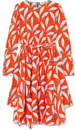 Belted Printed Silk Crepe De Chine Dress - Orange