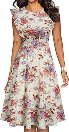 YATHON Women's Vintage Ruffle Floral Flared A Line Swing Casual Cocktail Party Dresses (M, YT001-Beige White f 01) at Amazon Women’s Clothing store