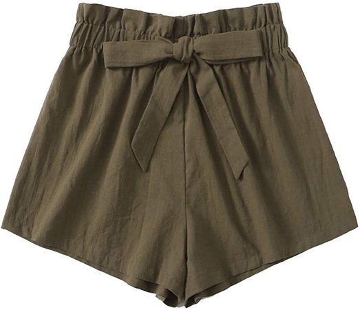 Romwe Women's Casual Paperbag Elastic Waist Belted Loose Summer Beach Shorts Army Green
