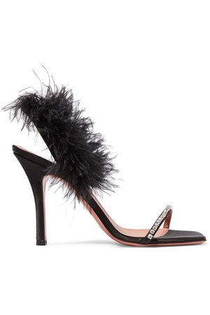 Amina Muaddi | Adwoa crystal and feather-embellished satin sandals | NET-A-PORTER.COM