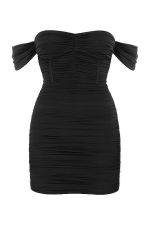 Clothing : Mini Dresses : Mistress Rocks 'Heritage' Black Ruched Mesh Bardot Dress