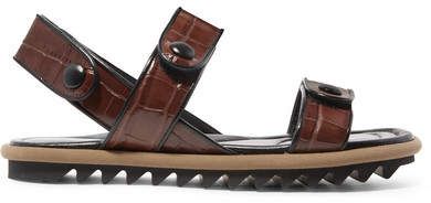Croc-effect Leather Sandals - Brown