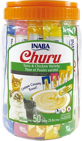 Amazon.com : INABA Churu Cat Treats, Grain-Free, Lickable, Squeezable Creamy Purée Cat Treat/Topper with Vitamin E & Taurine, 0.5 Ounces Each Tube, 50 Tubes, Tuna & Chicken Variety : Pet Supplies
