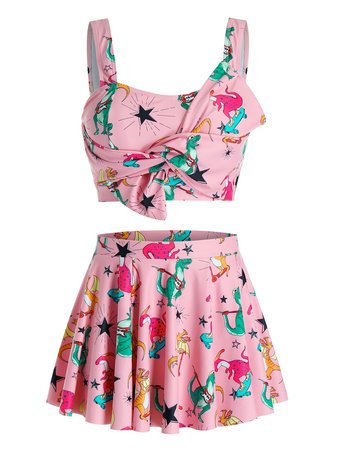 [38% OFF] 2021 Plus Size Star Dinosaur Knotted Tankini Swimwear With Skirt In PINK ROSE | DressLily