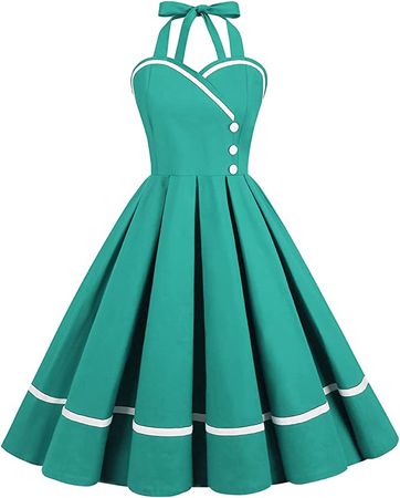 Women Halter Neck 50s Vintage Cocktail Party Swing Dress Retro Pinup 1950s Audrey Hepburn Rockabilly Prom Dress Sleeveless Short Pleated Fitted A-Line Wedding Formal Evening Dress Lake Blue-Buttons L at Amazon Women’s Clothing store