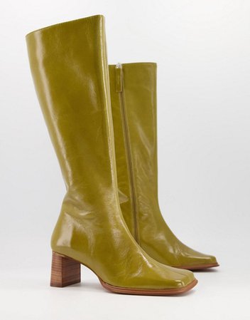 ASOS DESIGN Cali premium leather heeled knee boots in green | ASOS