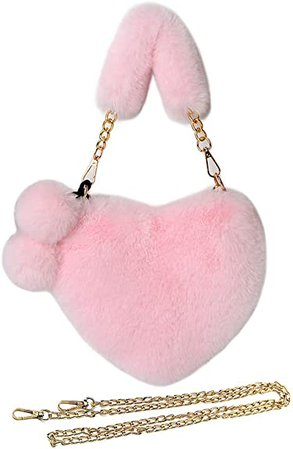 Rejolly Furry Purse for Girls Heart Shaped Fluffy Faux Fur Handbag for Women Soft Small Shoulder Bag Clutch Purse with Pom Poms Pink Light: Handbags: Amazon.com